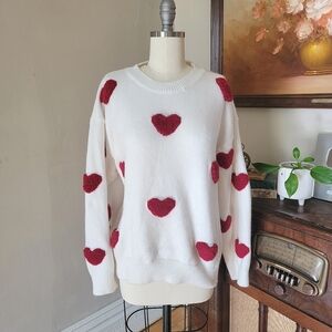 White & Red Retro Novelty Sweater Top Comfy Large